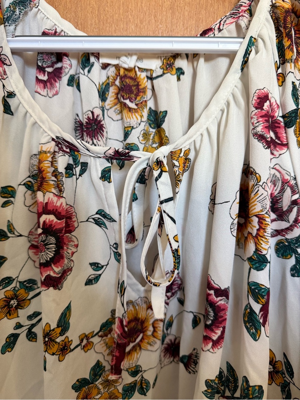 Cream Floral Tie-Neck Blouse with Pink & Mustard Blooms - Picture 4 of 5